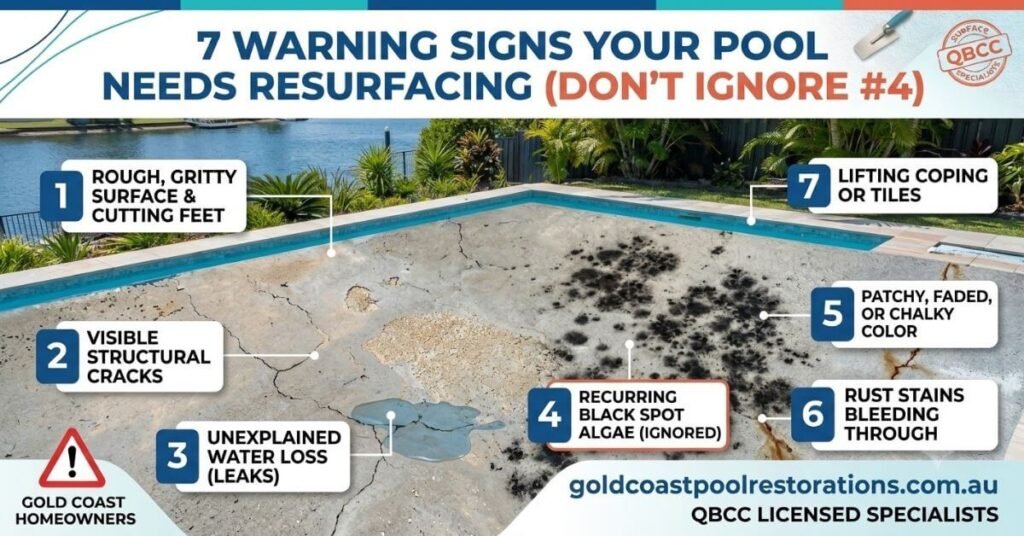 Infographic showing 7 warning signs a Gold Coast pool needs resurfacing, including cracks, black spot algae, rust stains, and lifting coping, on a damaged pool surface