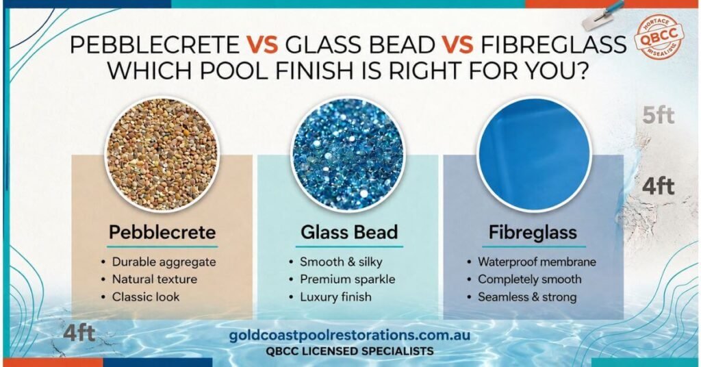 Comparison graphic of Pebblecrete, Glass Bead, and Fibreglass pool resurfacing finishes showing texture close-ups and key features for Gold Coast pools